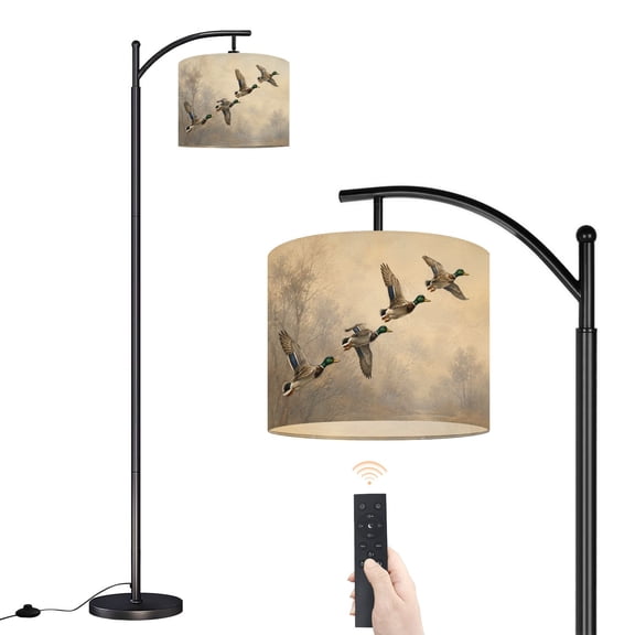 Arc Floor Lamp with Adjustable Lampshade Flight mallard ducks Standing Lamp 3 Color Temperatures Dimmable Tall Pole Lamp with Foot Switch for Bedroom