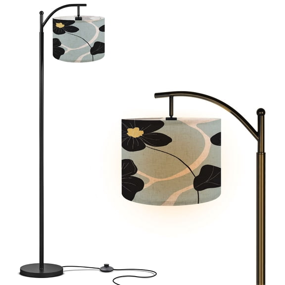 Arc Floor Lamp with Remote ,Adjustable Linen Drum Shade, Abstract Modern LED Floor Lamp with Foot Switch