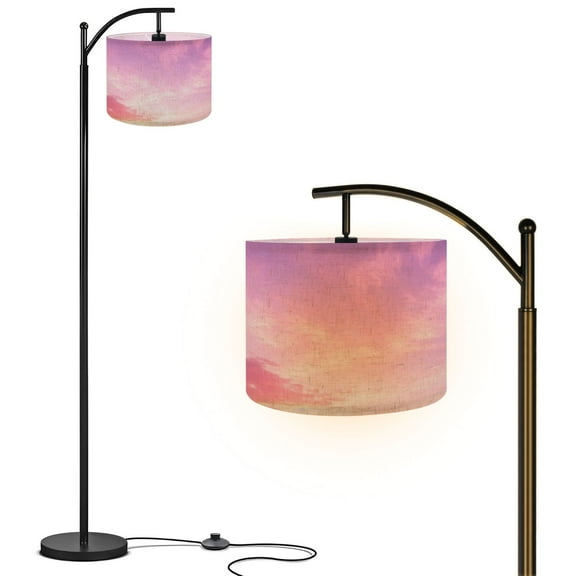 Arc Floor Lamp with Remote ,Adjustable Linen Drum Shade, Pink Modern LED Floor Lamp with Foot Switch