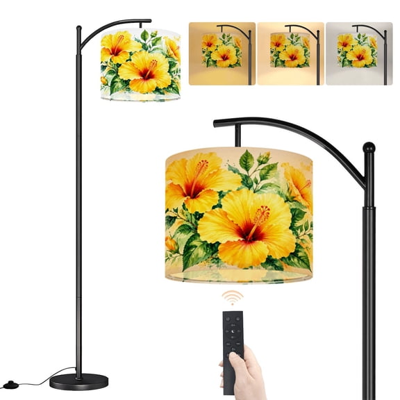 Arc Floor Lamp yellow hibiscus flowers leaves blossom floral Watercolor grunge green Dimmable Modern Standing Lamp with Remote Adjustable Shade Footswitch Tall Pole Lamp for Living Room Bedroom