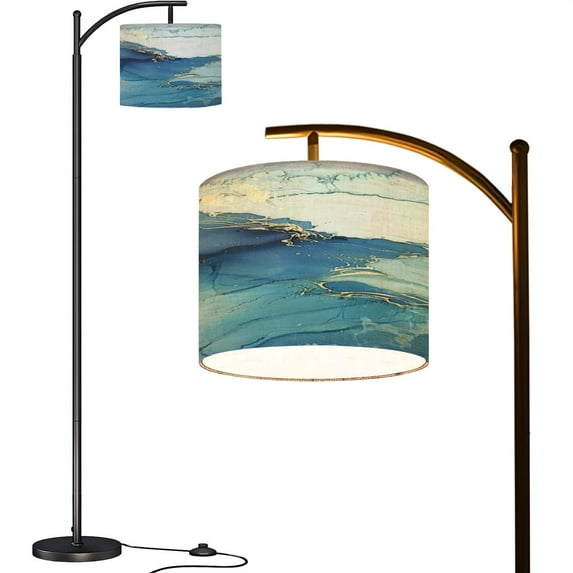 Arc Floor Lamps Alcohol Illustration Blue White Gold Pigment Blue sky Tone Water Ink Modern LED Adjustable Lampshade Standing Light for Living Room Reading Bedroom Office