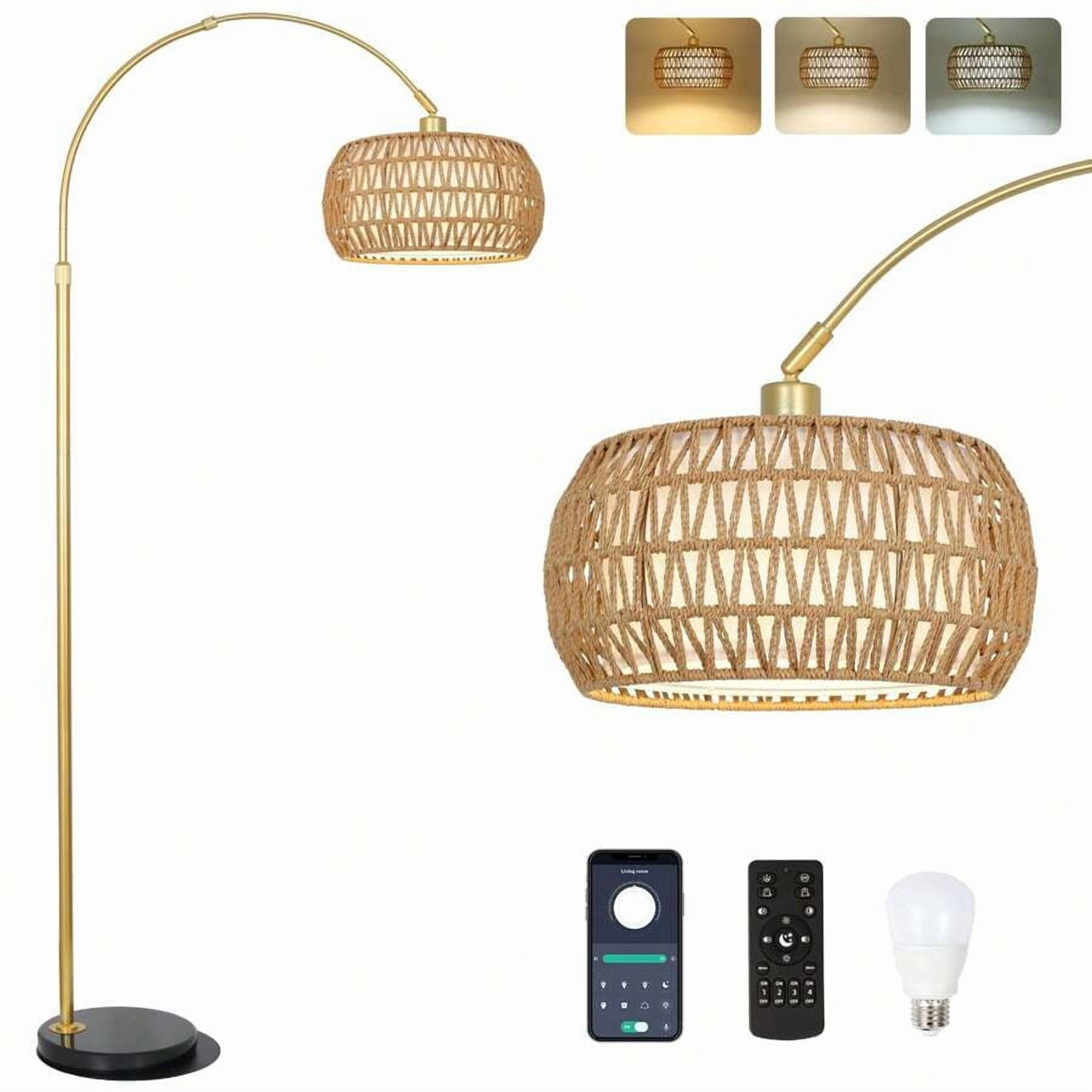 Boho Arc Floor Lamp With Remote - Dimmable Rattan Standing Lamp For Living Room & Bedroom