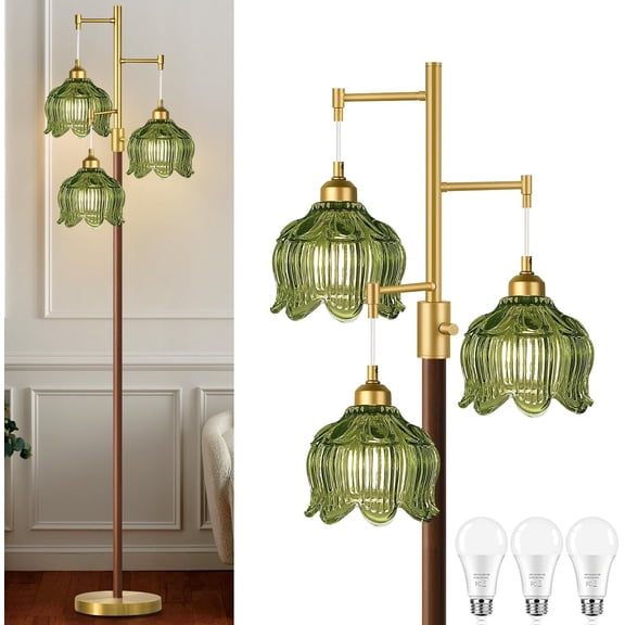 Arc Floor Lamps for Living Room Gold Floor Lamp with Remote Control,Dimmable Floor Lamp with Glass Lampshade,Vintage Mid Century Modern Standing Lamp Tall Flower Lamps for Bedroom Corner