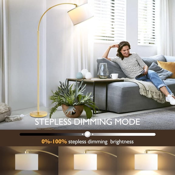Arc Floor Lamps for Living Room, Modern Remote Control Standing FLamp with Stepless Dimmable, Gold Tall Lamp with White Drum Shade,Over Couch Arched Reading Light for Bedroom, Office(Bulb Included)