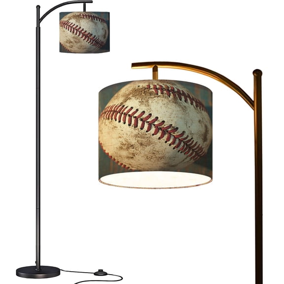 Arc Floor Lamps Red Seams Worn Baseball Photorealistic Art Modern LED Adjustable Lampshade Standing Light for Living Room Reading Bedroom Office