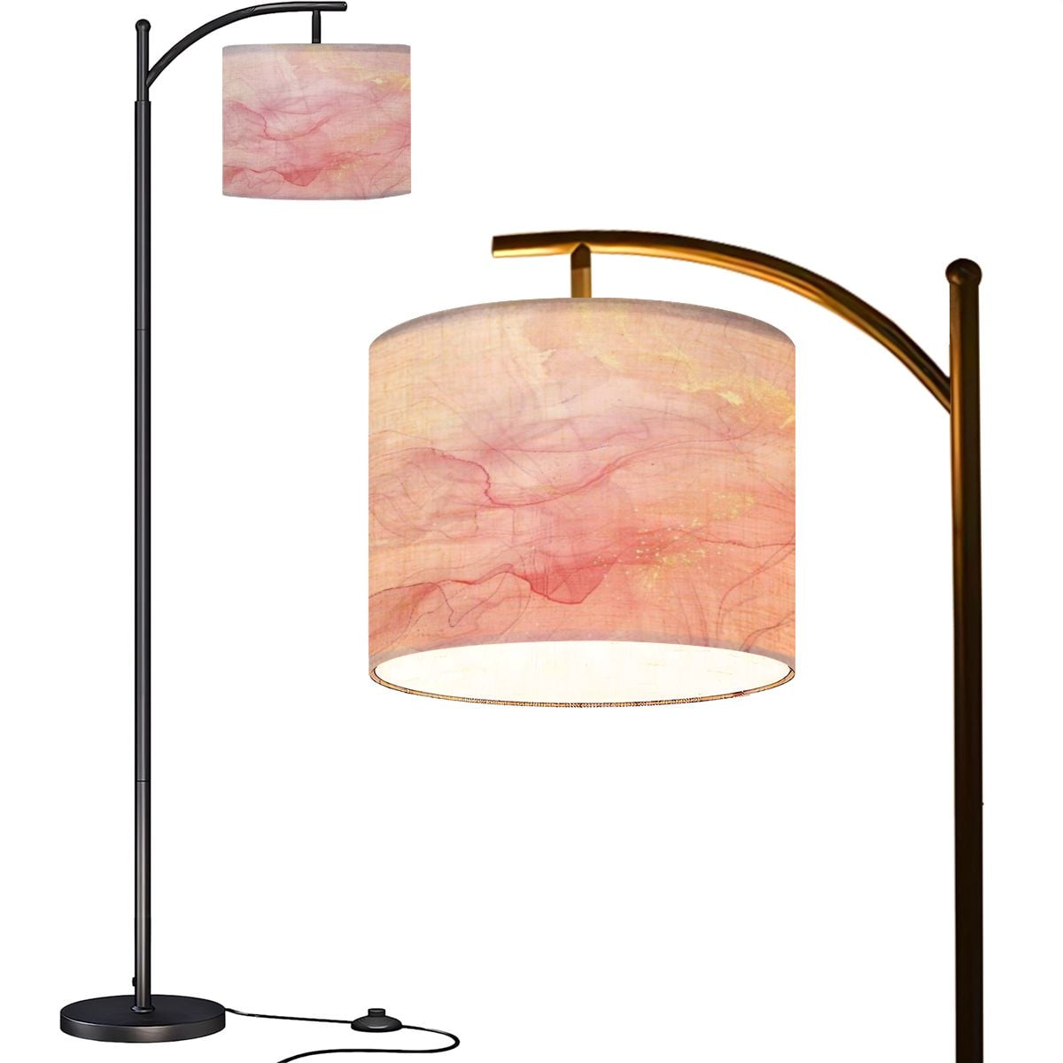 Arc Floor Lamps Rose pink liquid watercolor golden dots Dusty blush marble alcohol ink Modern LED Adjustable Lampshade Standing Light for Living Room Reading Bedroom Office