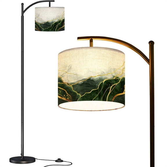 Arc Floor Lamps Watercolor drawn by brush Green paints spilled paper Golden shiny Modern LED Adjustable Lampshade Standing Light for Living Room Reading Bedroom Office