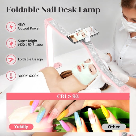 Arc Half Moon Light: 34" Shadow-Free Half Moon Light for Desk Salon - Foldable LED Desk Lamp with Stepless Brightness for Manicurist (Pink)