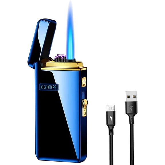 Arc Jet Flame Torch 2 in 1 USB Rechargeable Lighter with Battery Indicator, Windproof, Refillable Butane, Cycle Charge Plasma (Ice Blue)
