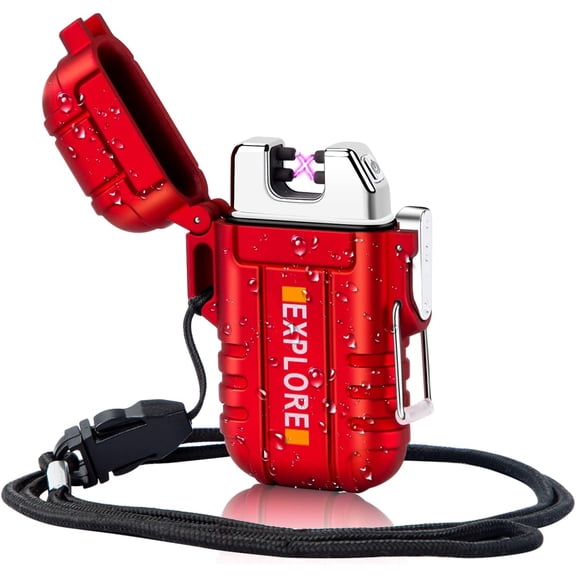 Arc Lighter Waterproof Windproof Rechargeable USB Plasma Flameless Electric Lighters with Lanyard Sports Fan Lighters for Survival, Tactical, EDC Gear, Camping (Red)