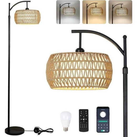 Arc Remote Control, Dimmable LED Floor 3 Color Temperature, Black Standing with Rattan & Fabric Double Drum Shade, Boho Farmhouse Tall Pole Lamp for Living Room Bedroom