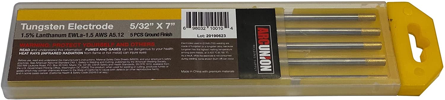 Arc Union TIG Welding Tungsten Electrode for DC Welding Applications, (5/32 x 7) 5 Pack - Gold