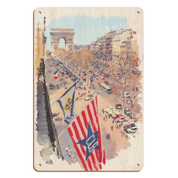 Arc de Triomphe - Champs-Elysées - Paris France - Vintage Travel Poster by Albert Brenet c.1960s - 8 x 12 inch Vintage Wood Art Sign