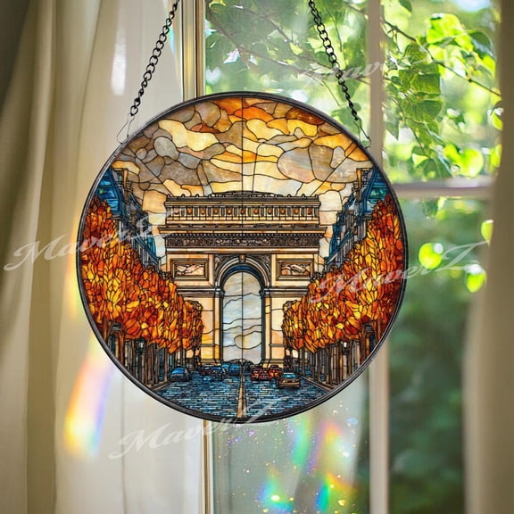 Arc de Triomphe Glass Suncatcher, Paris Cityscape Window Decor, 6.3 in