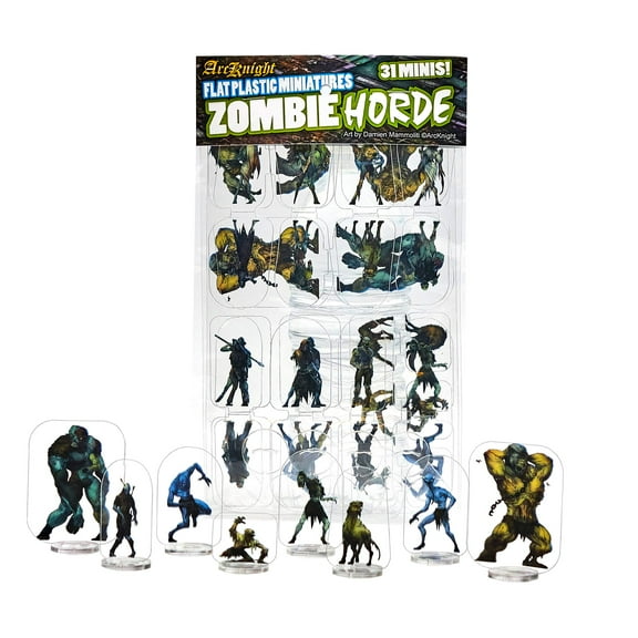 Arcknight Flat Plastic Miniatures: Zombies HORDE; 31 Unique Undead-Themed Enemy Minis for DnD 5e and Pathfinder; Affordable, Skinny Figurines for Dungeons and Dragons and other Tabletop RPG games