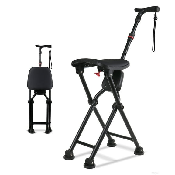 ArcMega Walking Cane with Seat Holding 400lbs  Folding Walking Cane Chair for Seniors, Adjustable Height 33.9"-37", Heavy-Duty 4-Legged Cane Stool for Men Women (Black)