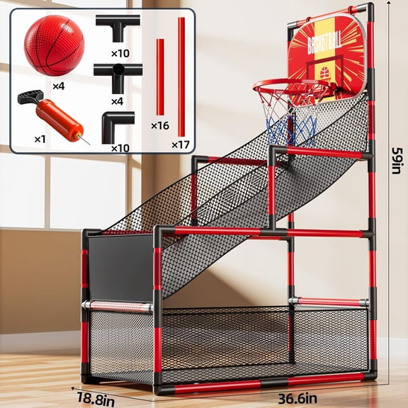 Arcade Basketball Game Indoor, Kids Ajustable Basketball Hoop, Outdoor Carnival Sports Play Toy with 4 Balls and Air Pump, Educational Birthday Gift for Boys Girls 3 4 5 6 7 8 Year Old (Red)