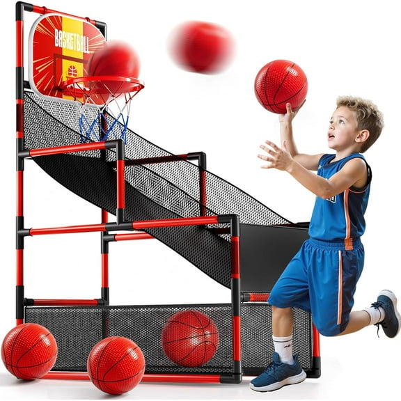 Arcade Basketball Game Indoor Outdoor Adjustable with 4 Balls and Air Pump for Kids, Educational Birthday Gift for Boys Girls