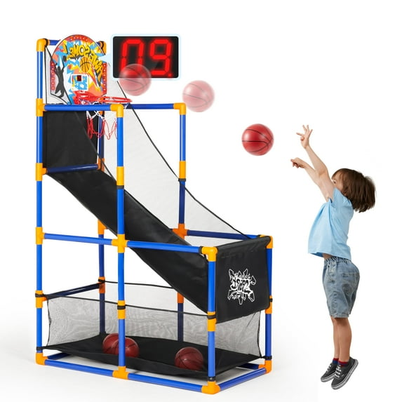 Arcade Basketball Game Set with 4 Balls and Hoop for 3 to 12 Years Old Indoor Outdoor Sport Play - Easy Set Up - Air Pump Included - Ideal for Competition