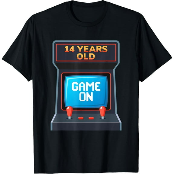Arcade Game On 14 Year Old Gamer Birthday Wear Arcade Theme T-Shirt men and women can wear, black, white, gifts