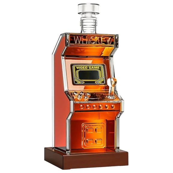 Arcade Machine Whiskey Decanter Set - Walnut Stand 750ml Crystal Bourbon Collectible Gamer Barware Anniversary Birthday Gifts for Men Who Have Everything Holiday Gifts, Father Husband Boyfriend