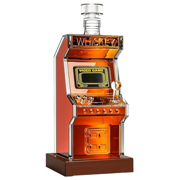 Arcade Machine Whiskey Decanter Set - Walnut Stand 750ml Crystal Bourbon Collectible Gamer Barware Anniversary Birthday Gifts for Men Who Have Everything Holiday Gifts, Father Husband Boyfriend