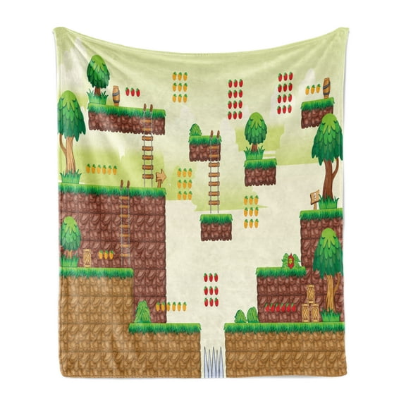 Arcade Soft Flannel Fleece Throw Blanket, Ground Tiles Trees Computer Game Platform Lucky Points Video Games, Cozy Plush for Indoor and Outdoor Use, 70" x 90", Pale Green Brown, by Ambesonne