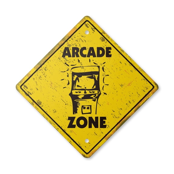 Arcade Vintage Crossing Sign Zone Xing | Indoor/Outdoor Plastic | 17" Tall rustic game room gameroom machine pinball shooting pin ball coin