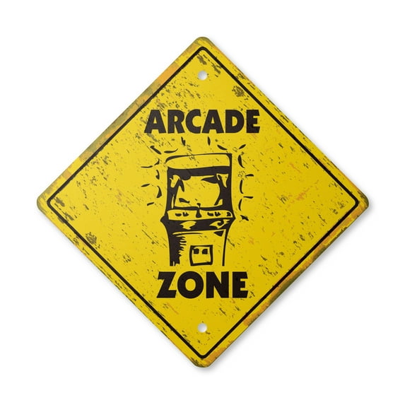 Arcade Vintage Crossing Sign Zone Xing | Indoor/Outdoor Plastic | 20" Tall rustic game room gameroom machine pinball shooting pin ball coin