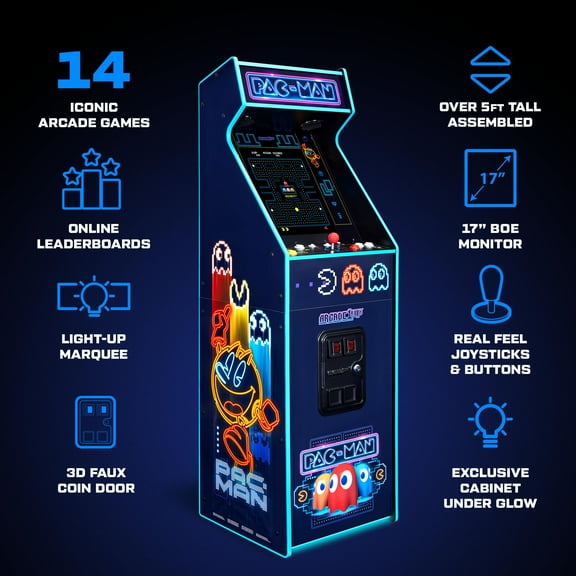 Arcade1Up PAC-MAN Deluxe Arcade Machine, Neon Edition, 17-Inch Color Monitor, 14 Bandai Namco Games, RGB Underglow Lighting, WiFi Connectivity