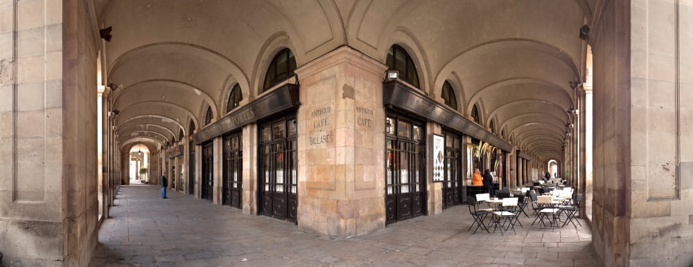 Arcades and the famous restaurant 7 Portes Barcelona Catalonia Spain Canvas Art - Panoramic Images (32 x 12)