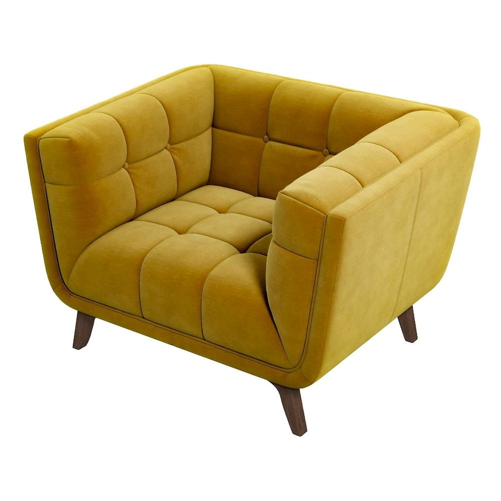 Mid-Century Modern Yellow Velvet Accent Chair with Wood Legs