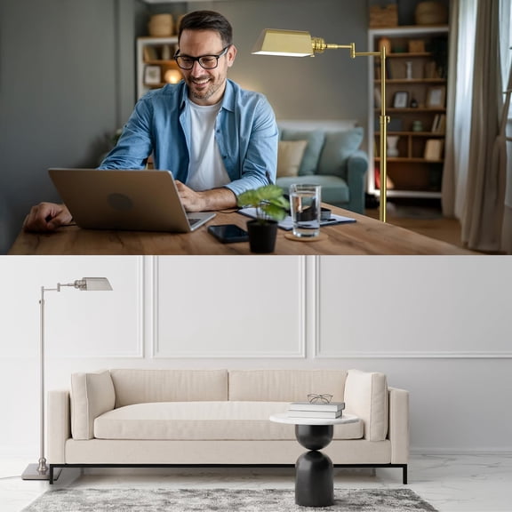 Arcadia - Pharmacy Floor Lamp, Full Range Dimming, Swing Arm Task Lamp, E26 Socket, Bulb Replaceable, Adjustable Height 47” to 55”, 360 ° Rotatable Shade, All-Metal Design, Antique Brass