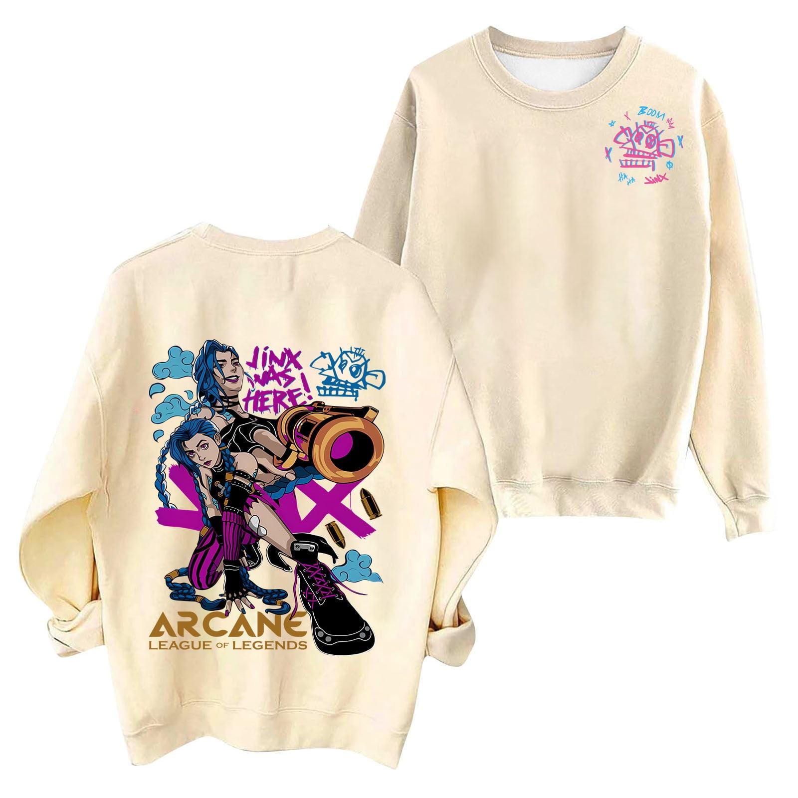Sweat à Capuche Graphique Arcane/Jinx | Style Hip-hop Unisexe, Coupe Décontractée, Poches Kangourou - Couleurs Néon (Yoedoa)