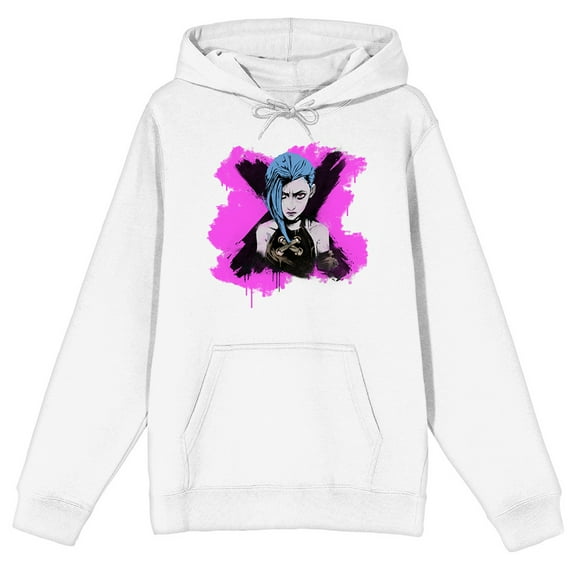 Arcane Jinx Front & Back Art Adult White Long Sleeve Hooded Sweatshirt-Medium