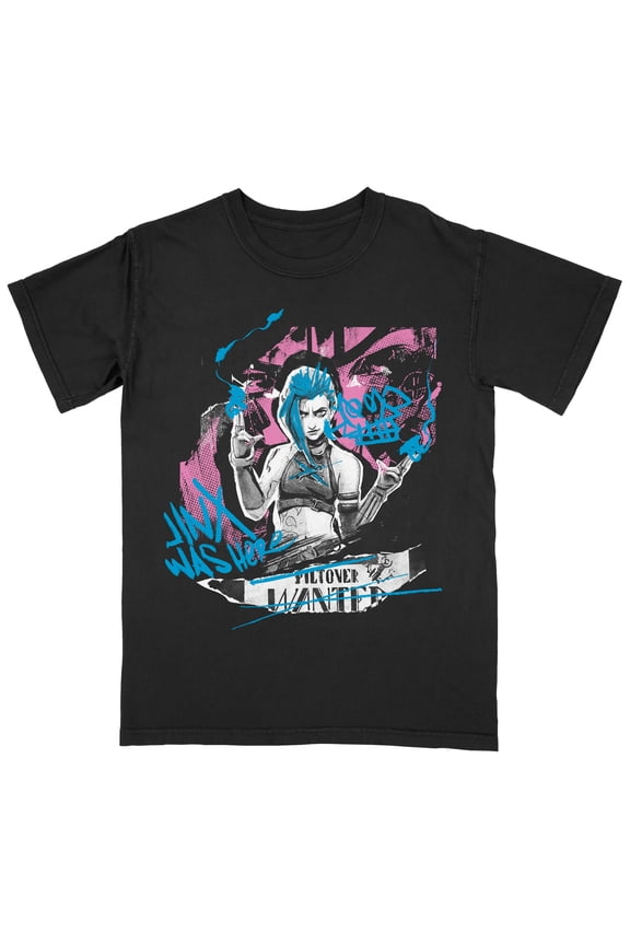 Arcane Jinx Was Here Graffiti Oversize Front and Back on Black Adult Crew Neck Short Sleeve T-shirt - Medium