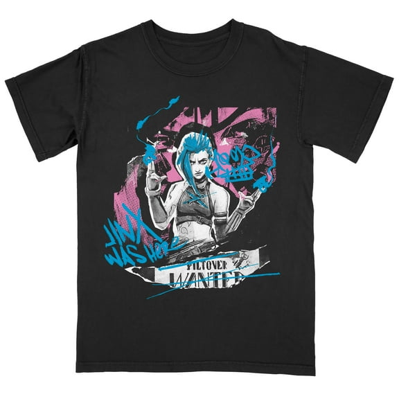 Arcane Jinx Was Here Graffiti Oversize Front and Back on Black Adult Crew Neck Short Sleeve T-shirt - XL