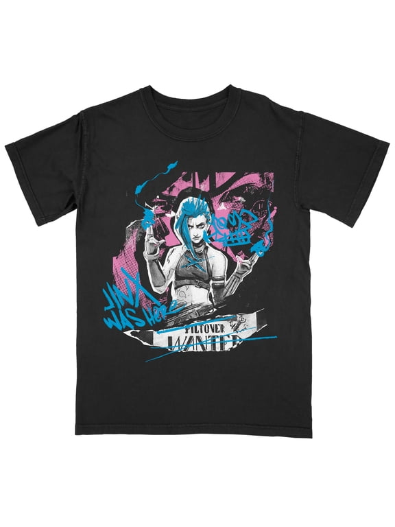 Arcane Jinx Was Here Graffiti Oversize Front and Back on Black Adult Crew Neck Short Sleeve T-shirt - XL