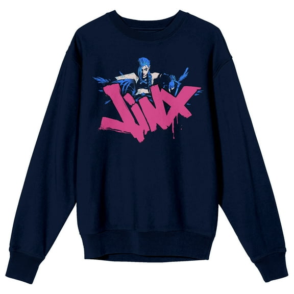 Arcane Jinx pink moon graffiti jinx name and icon on navy Adult Crew Neck-XXL