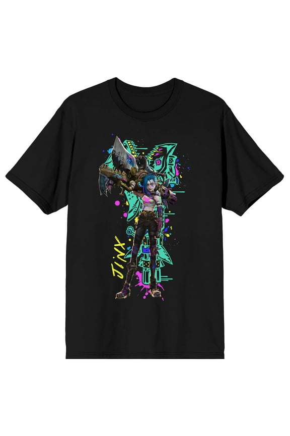 Arcane Jinx with her shark rocket launcher graffiti neon back on black ground Adult Crew Neck Short Sleeve T-shirt - Large