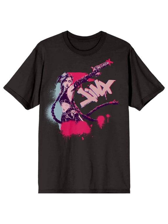 Arcane League Of Legends Jinx Front & Back Art Adult Black Crew Neck Short Sleeve T-shirt-Medium