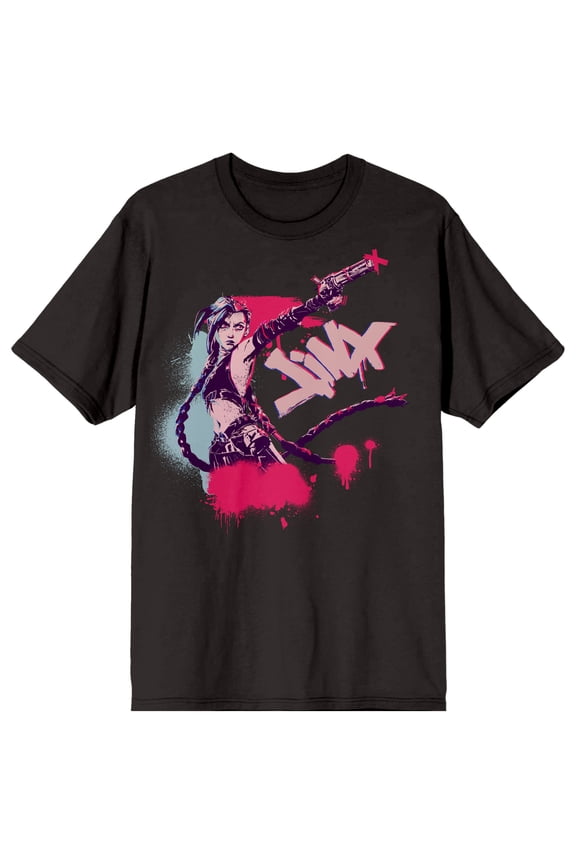 Arcane League Of Legends Jinx Front & Back Art Adult Black Crew Neck Short Sleeve T-shirt-Medium