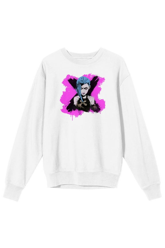 Arcane League Of Legends Jinx Metallic Ink Portrait Adult White Crew Neck Long Sleeve Sweatshirt-XXL