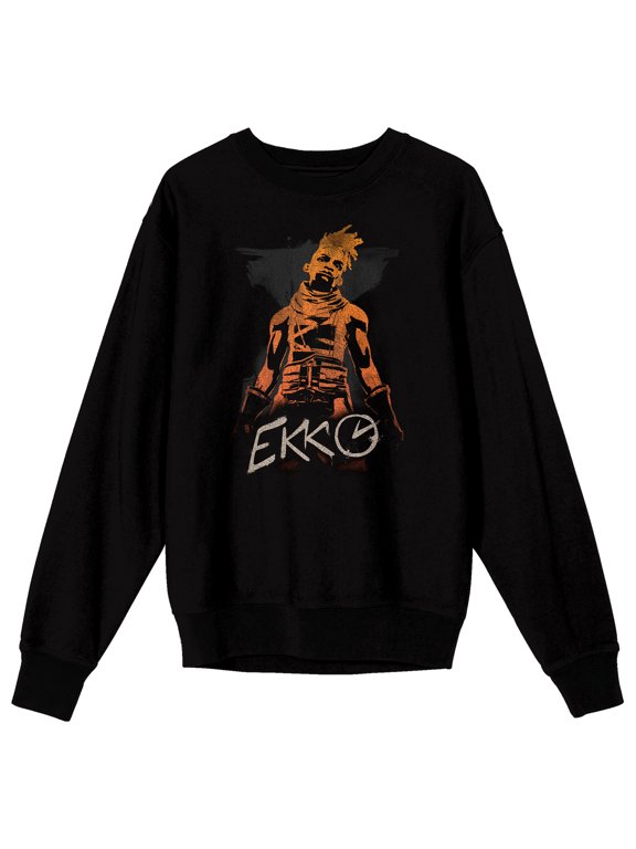 Arcane Orange Ekko Adult Black Crew Neck Long Sleeve Sweatshirt-Small