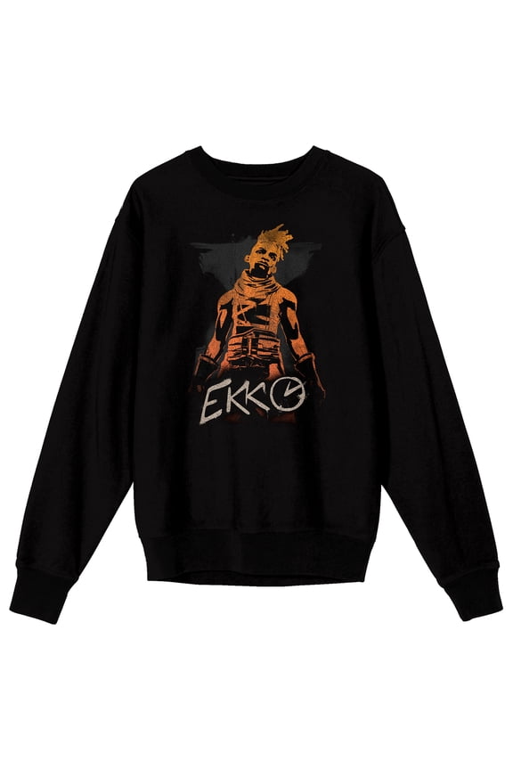 Arcane Orange Ekko Adult Black Crew Neck Long Sleeve Sweatshirt-XXL