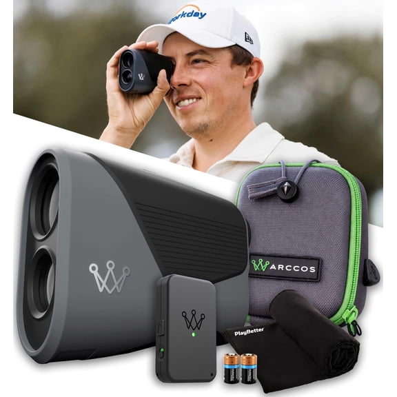 Arccos Smart Golf Laser Rangefinder & Arccos Air Golf Shot Tracker Bundle - AI-Powered “Plays Like” Distances, Slope with PlayBetter Microfiber Towel & 2 x CR2 Batteries