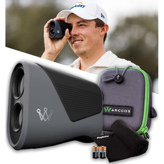 Arccos Smart Golf Laser Rangefinder Bundle - AI-Powered “Plays Like” Distances, Slope, Automatic Pin Mapping & Tournament Mode with PlayBetter Microfiber Towel & 2 x CR2 Batteries