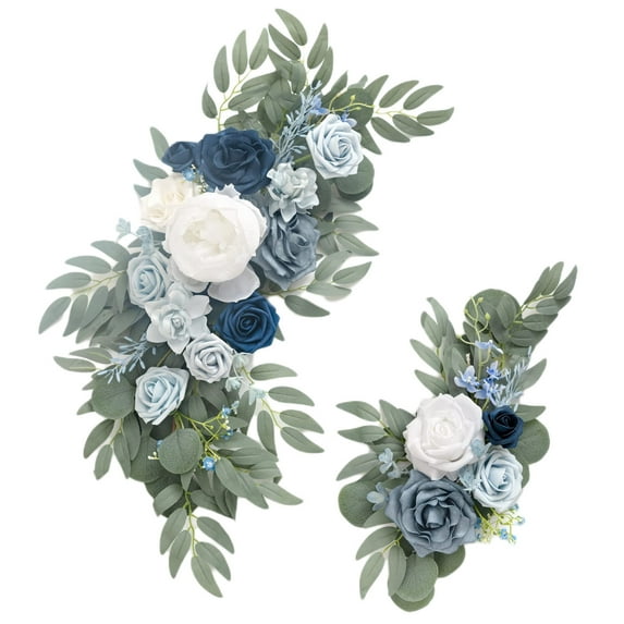 Blue Silk Rose Flower Swag Set of 2 (20x10in & 12x8in) - Artificial Floral Garland with Clips for Wedding Arch, Welcome Sign, Party & Home Decor