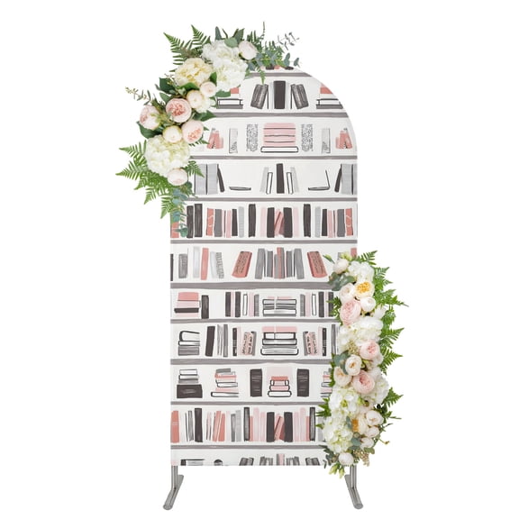 Arch Backdrop 4 Ft, Abstract Bookshelf Spandex Stretch Fitted Arch Cover, Round Top Chiara Arches Stand Backdrop Cover for Wedding Birthday Party Baby Shower Modern Literary Books Aesthetic