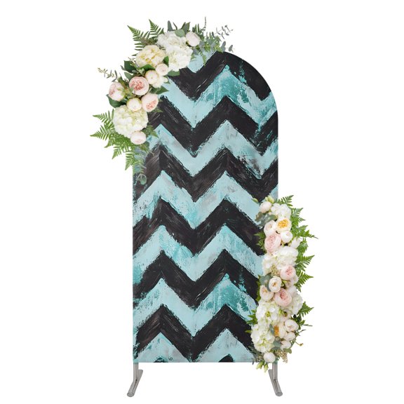 Arch Backdrop 4 Ft, Abstract Teal Spandex Stretch Fitted Arch Cover, Round Top Chiara Arches Stand Backdrop Cover for Wedding Birthday Party Baby Shower Geometric Zigzag Waves Bohemian Stripes
